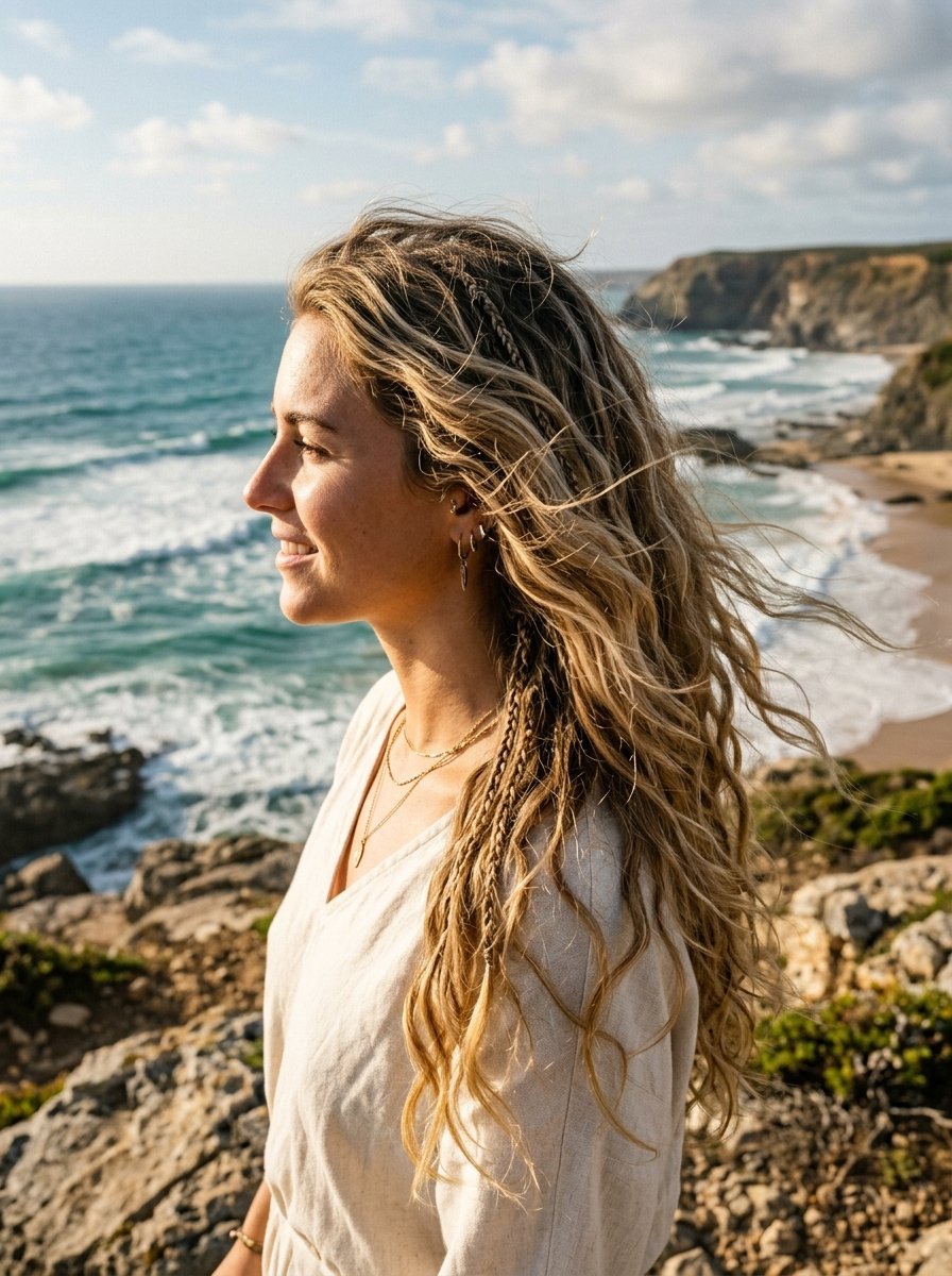 Profile view of a woman with wavy hair and braids standing on a cliff edge overlooking the Atlantic Ocean.