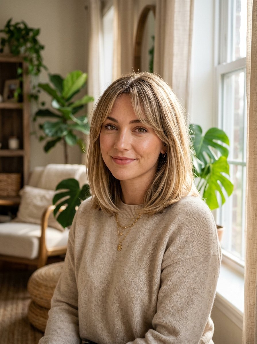 Portrait of a smiling woman with blonde hair and layered gold necklaces sitting by a window in a bright living room.
