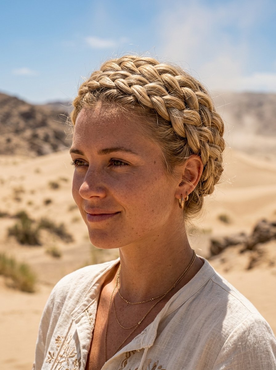 Side profile of a blonde woman wearing a thick braided crown hairstyle under a bright sun in a sandy environment.