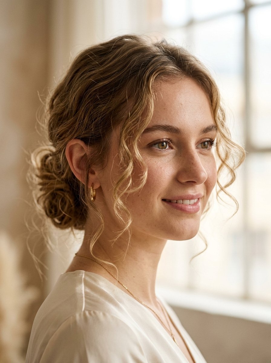 Close-up portrait of a woman with curly blonde hair styled in an elegant loose updo.