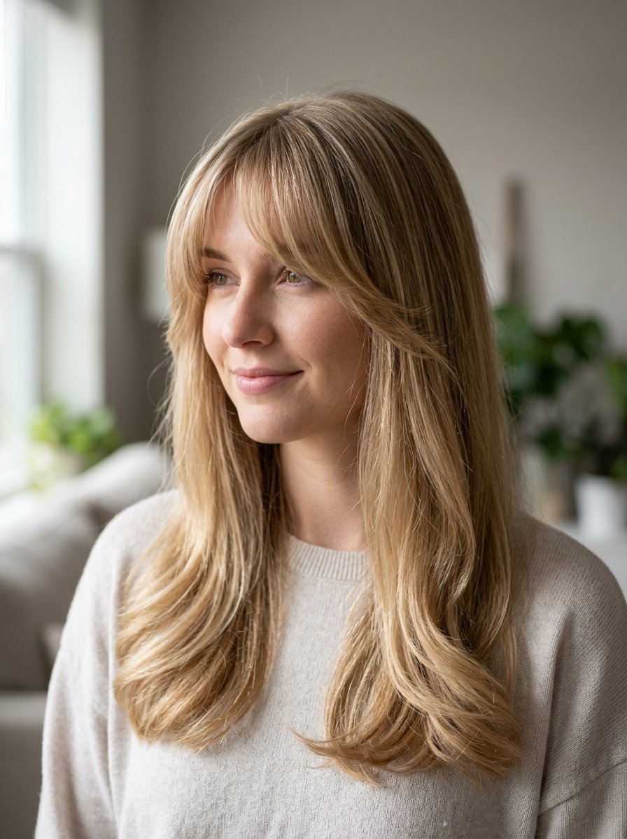 Portrait of a smiling young woman with light blonde hair styled in soft layers and wispy curtain fringe.
