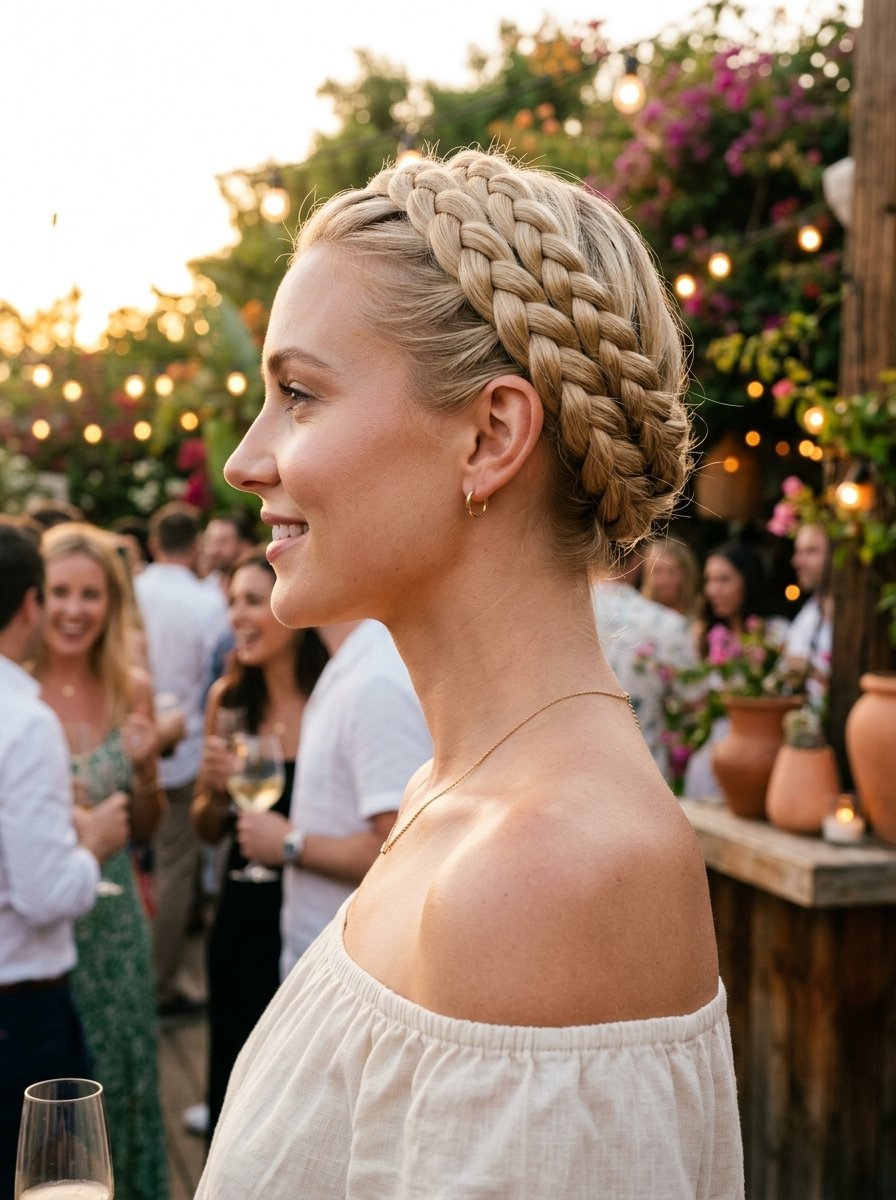 Close-up profile of a blonde woman wearing a double Dutch braid headband at an outdoor evening social event.
