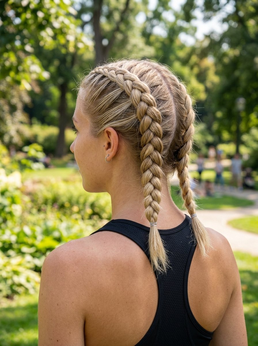 Close-up back view of a woman with blonde hair styled in two tight dutch braids wearing a black racerback tank top.