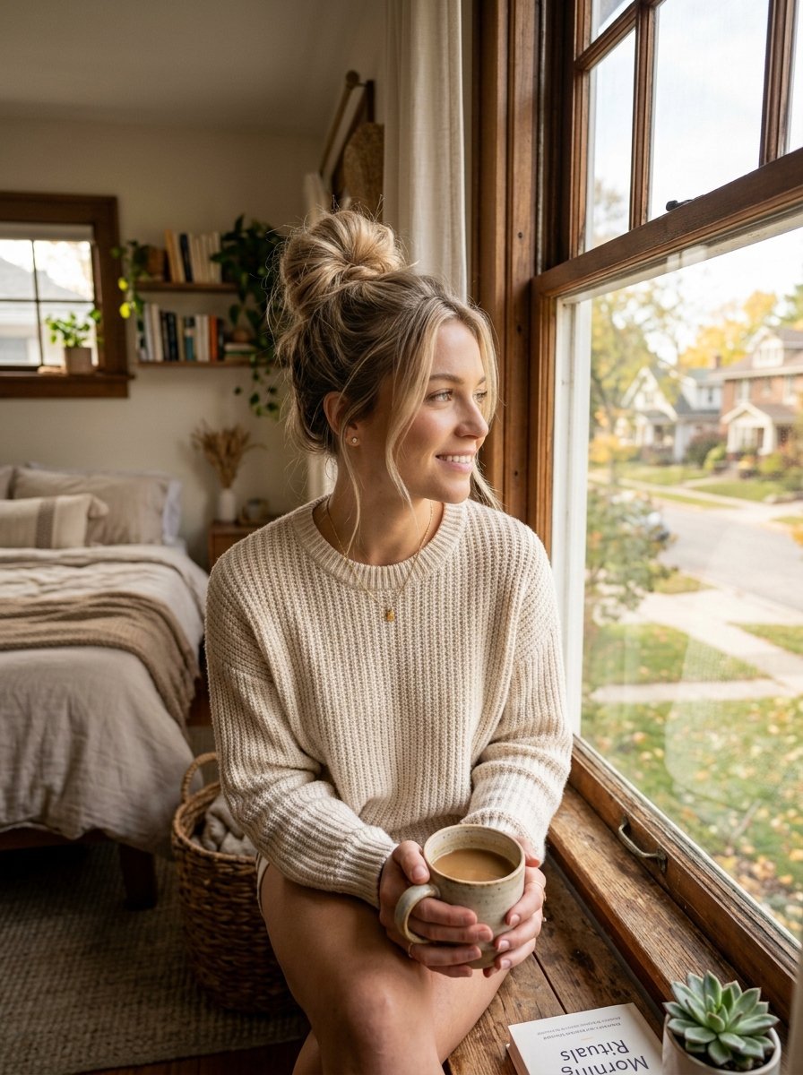 Blonde woman in a beige sweater holding a coffee mug while sitting by a bright bedroom window.