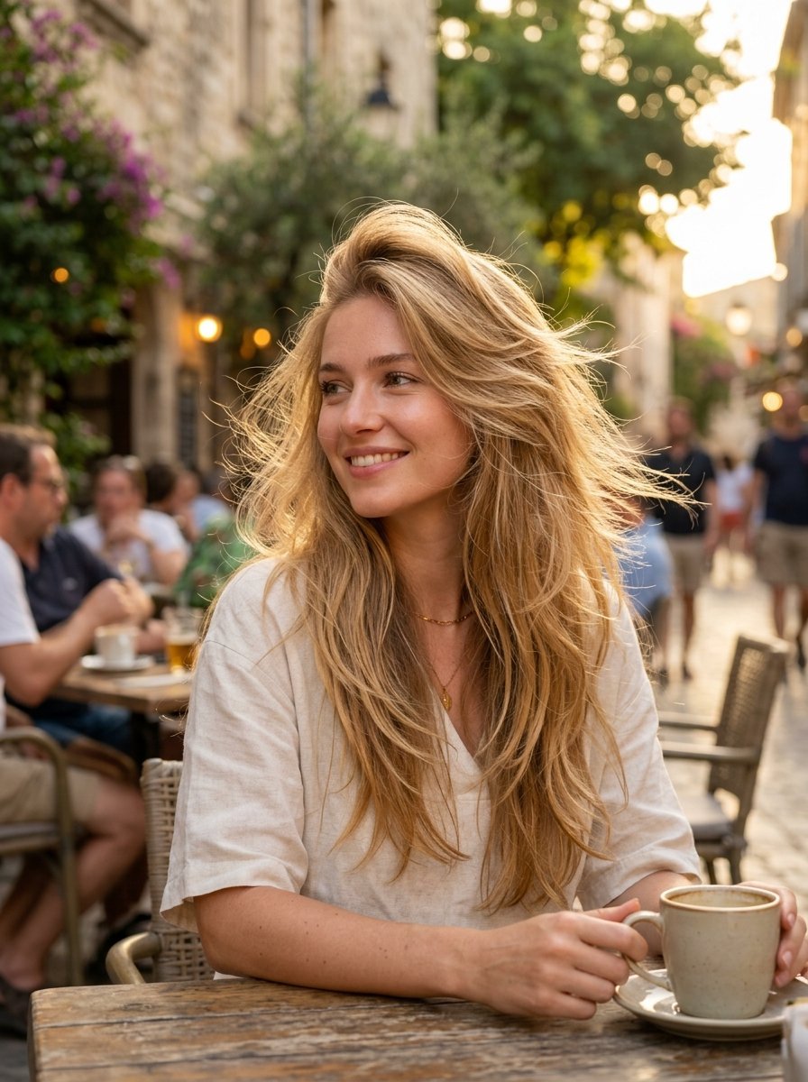 A blonde woman sits at a wooden cafe table outside, holding a white ceramic mug during a sunny afternoon.