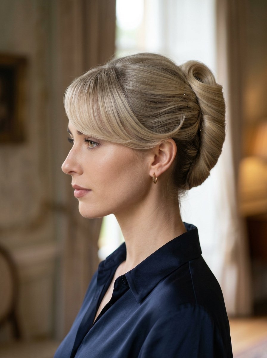 Blonde woman with side-swept bangs and a polished bun wearing a navy silk button-down shirt