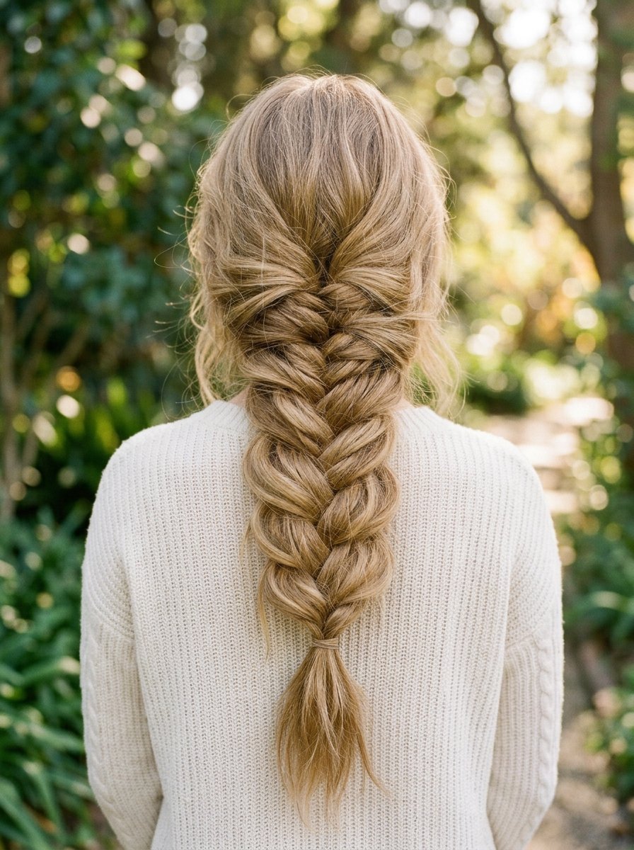 Back view of a person with blonde hair in a textured, loose plait wearing a white cable knit sweater outdoors.