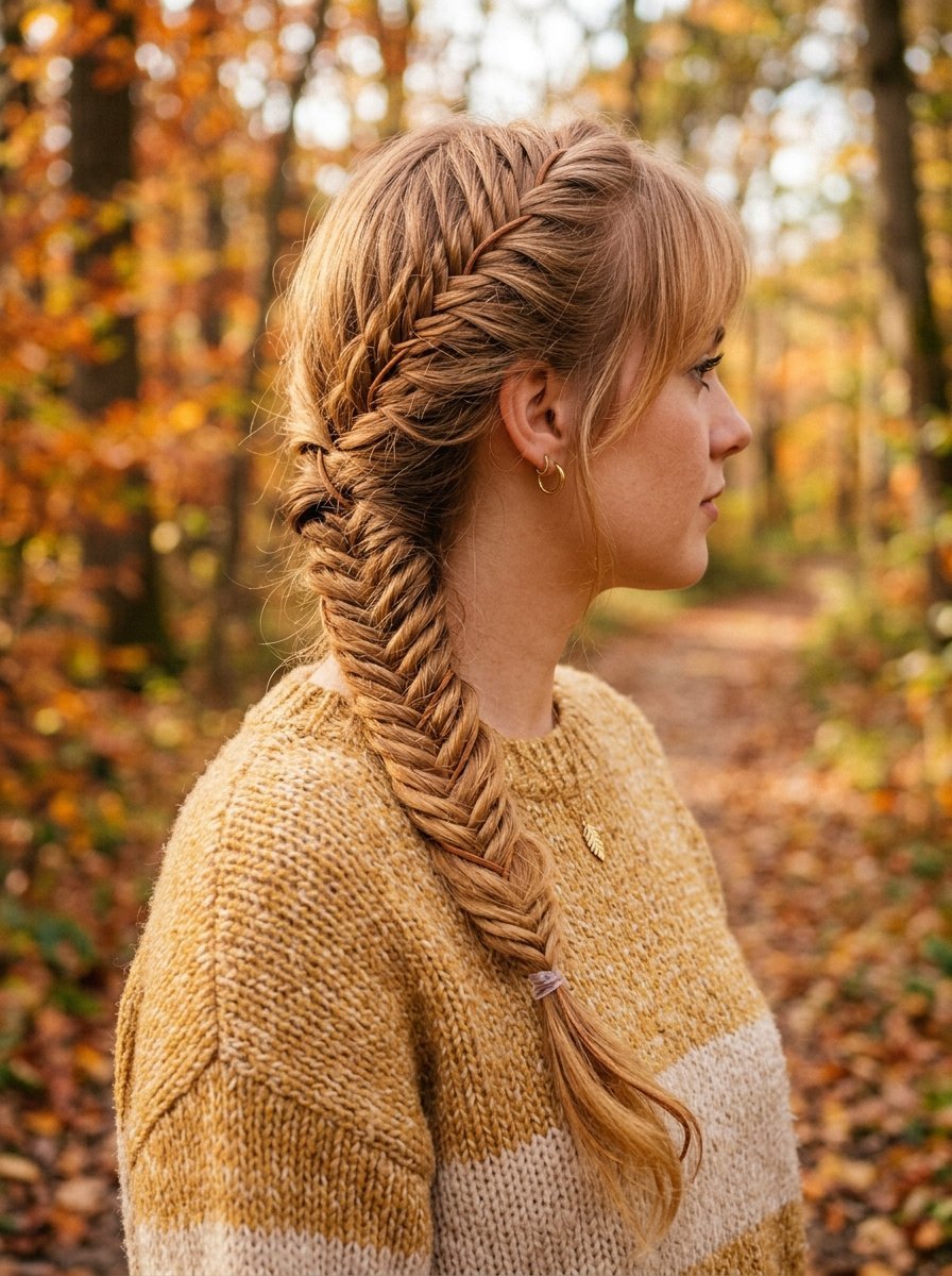 Profile view of a woman with blonde hair styled in a fishtail braid, wearing a mustard yellow knitted sweater outdoors.