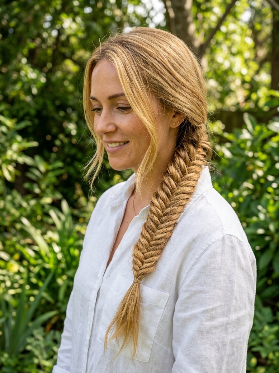 Profile shot of a woman with long blonde hair styled in a thick fishtail braid, wearing a white linen shirt outdoors.