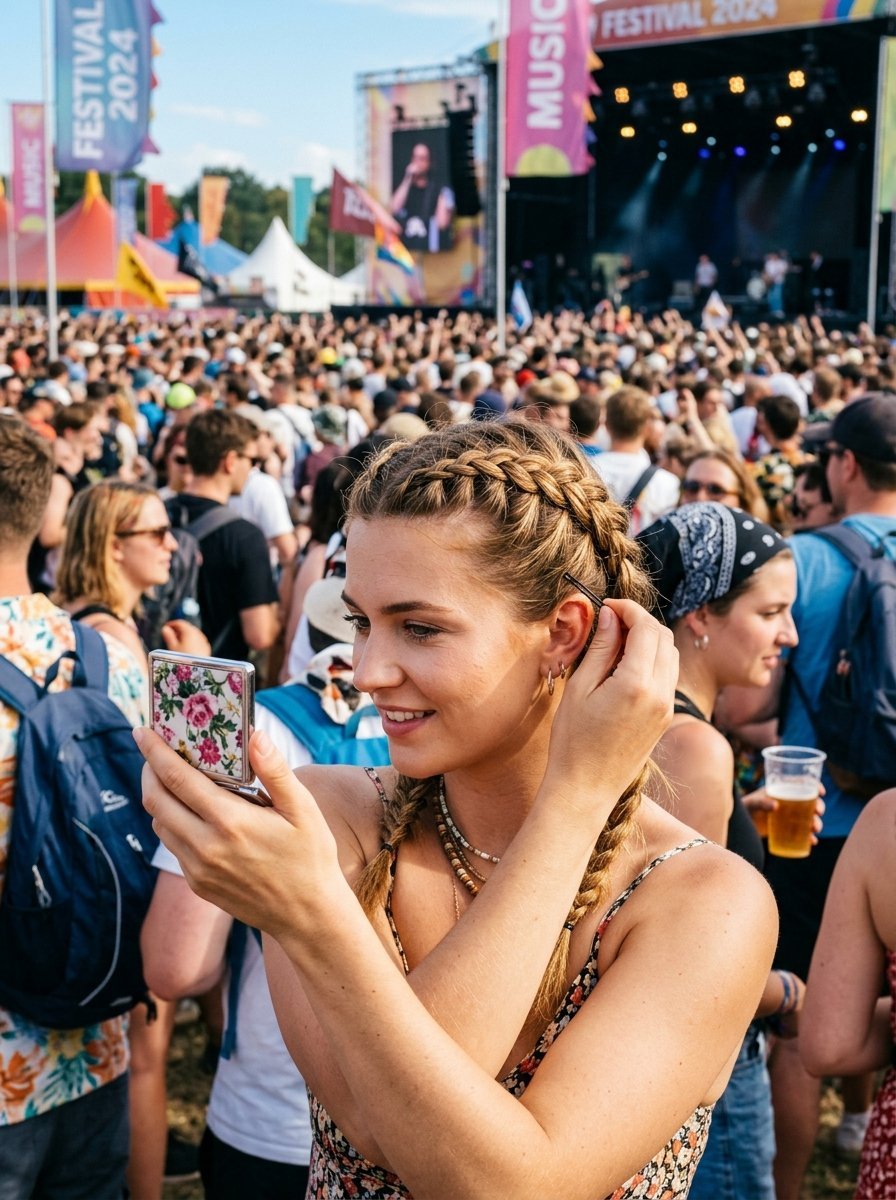 Close up of a blonde woman adjusting her French braids while holding a small compact mirror at a music festival.