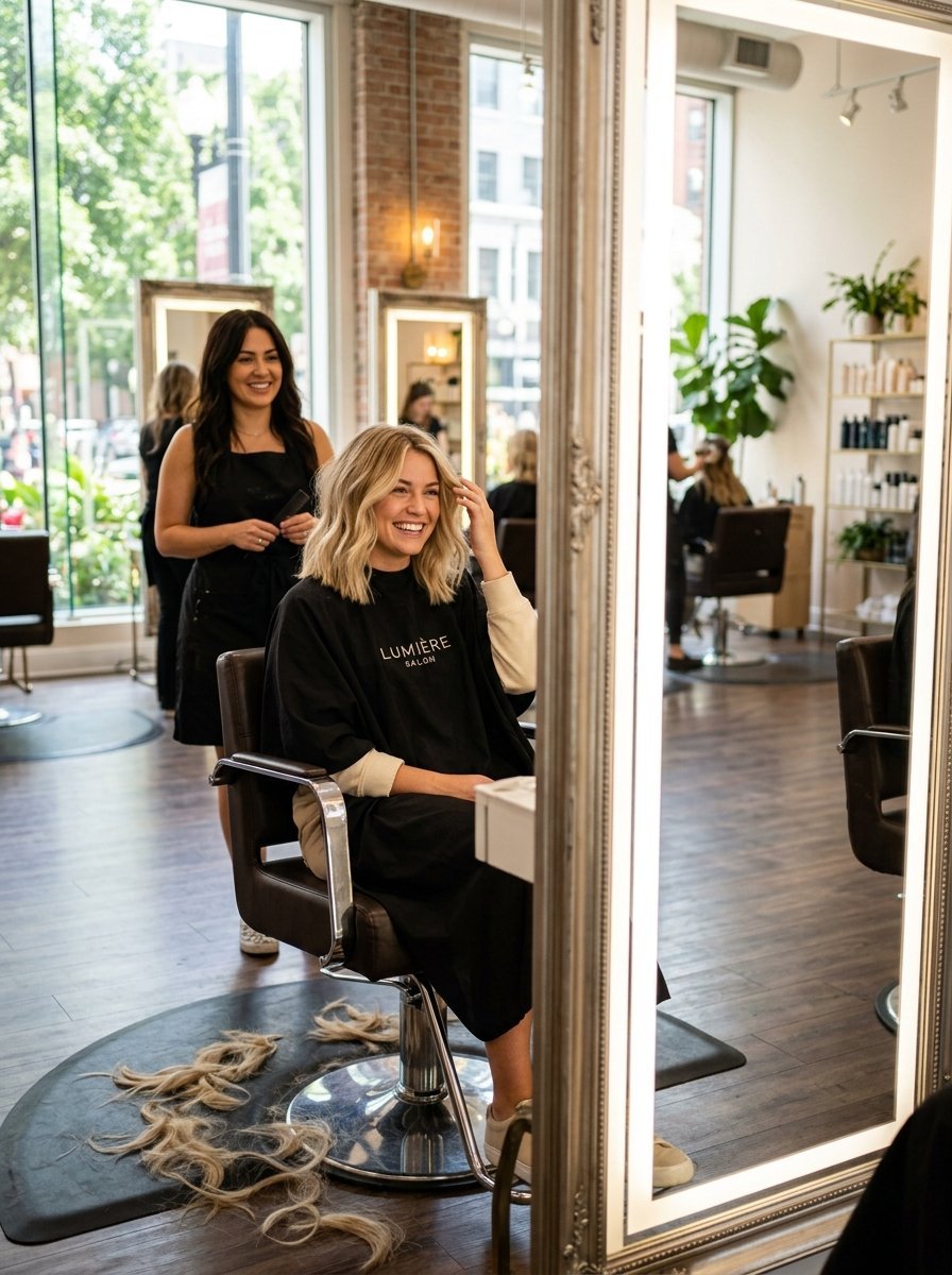 A blonde woman sits in a salon chair with cut hair on the floor while her stylist smiles behind her.