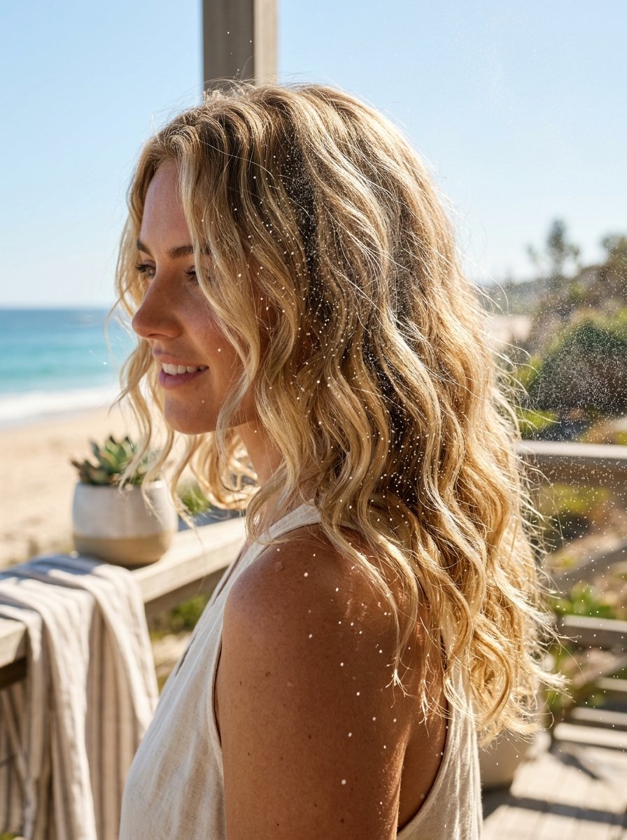 Profile view of a smiling woman with wavy blonde hair outdoors as a fine mist settles on her locks.