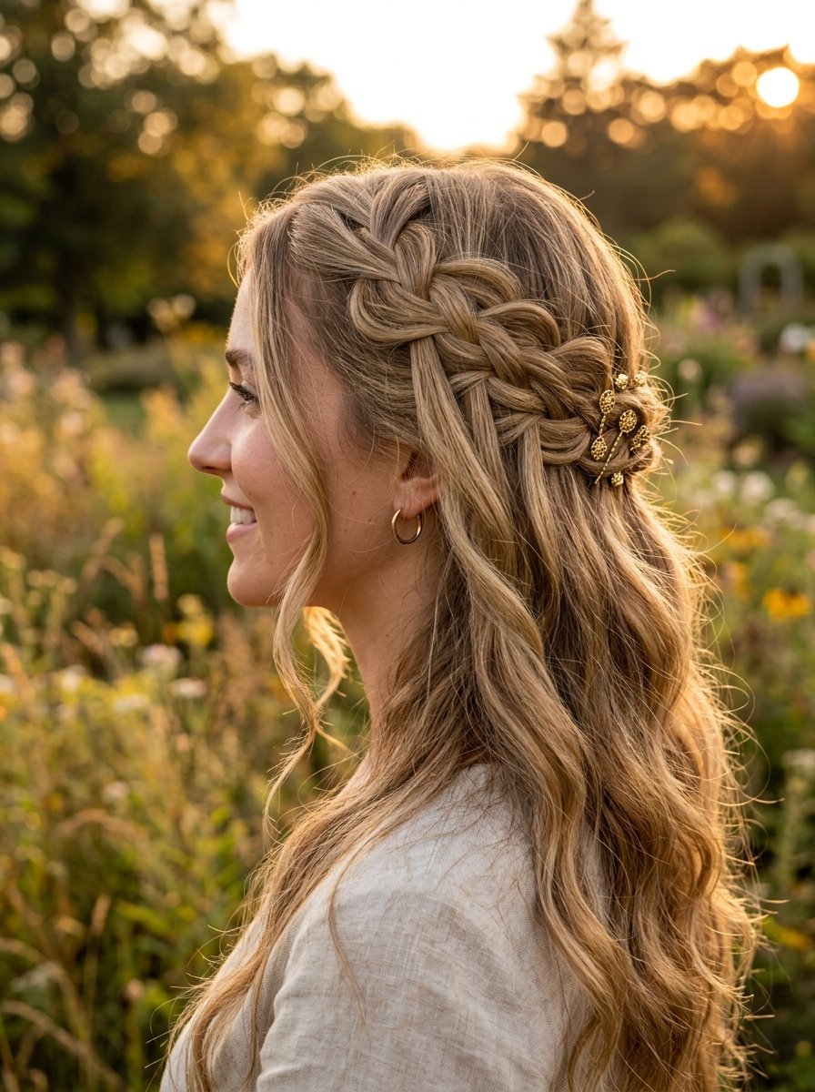 A blonde woman wearing a crown braid half-up style with gold hair pins in a sunlit garden.