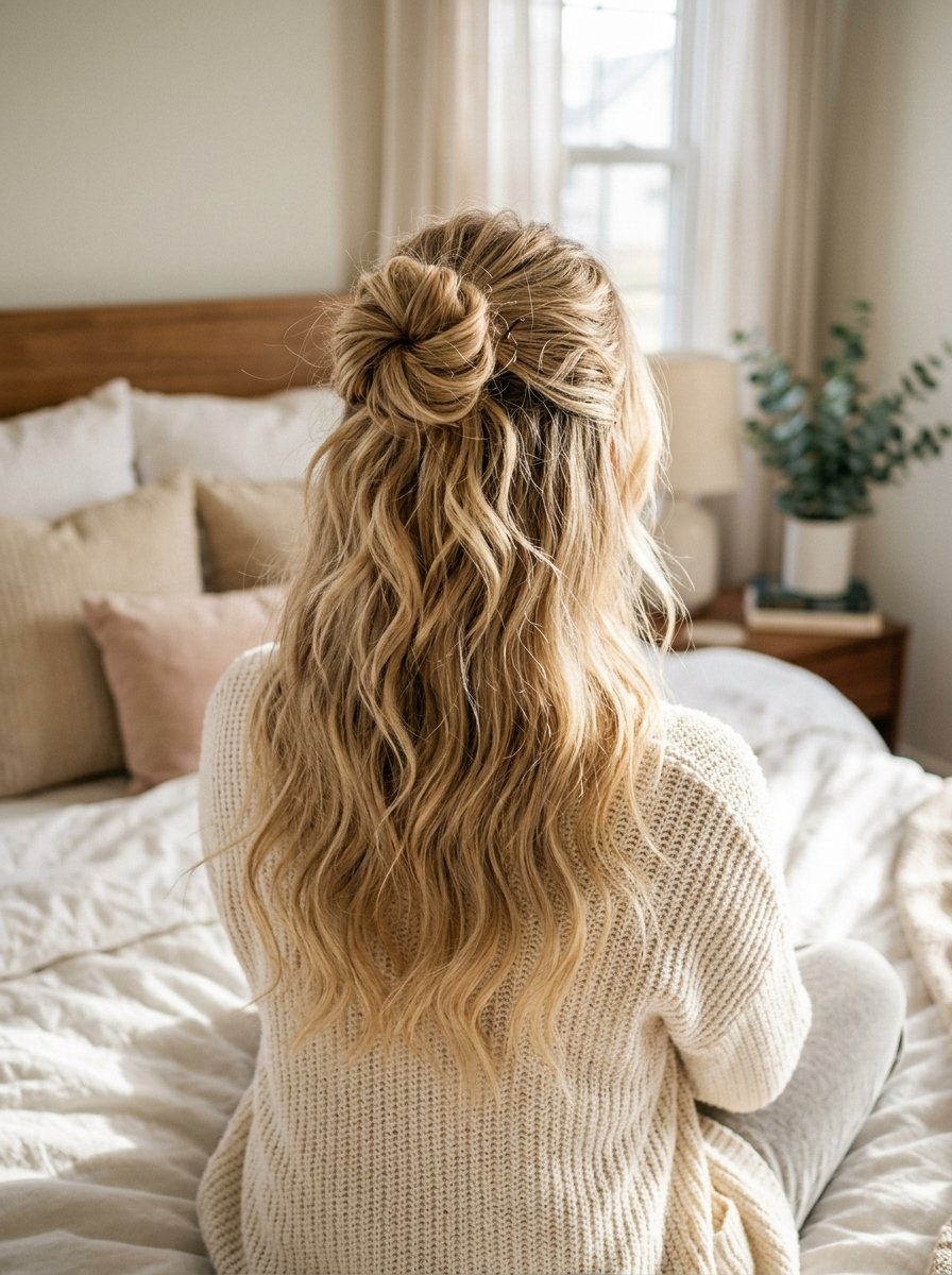 Back view of a person with long wavy blonde hair sitting on a bed in a cozy cream sweater