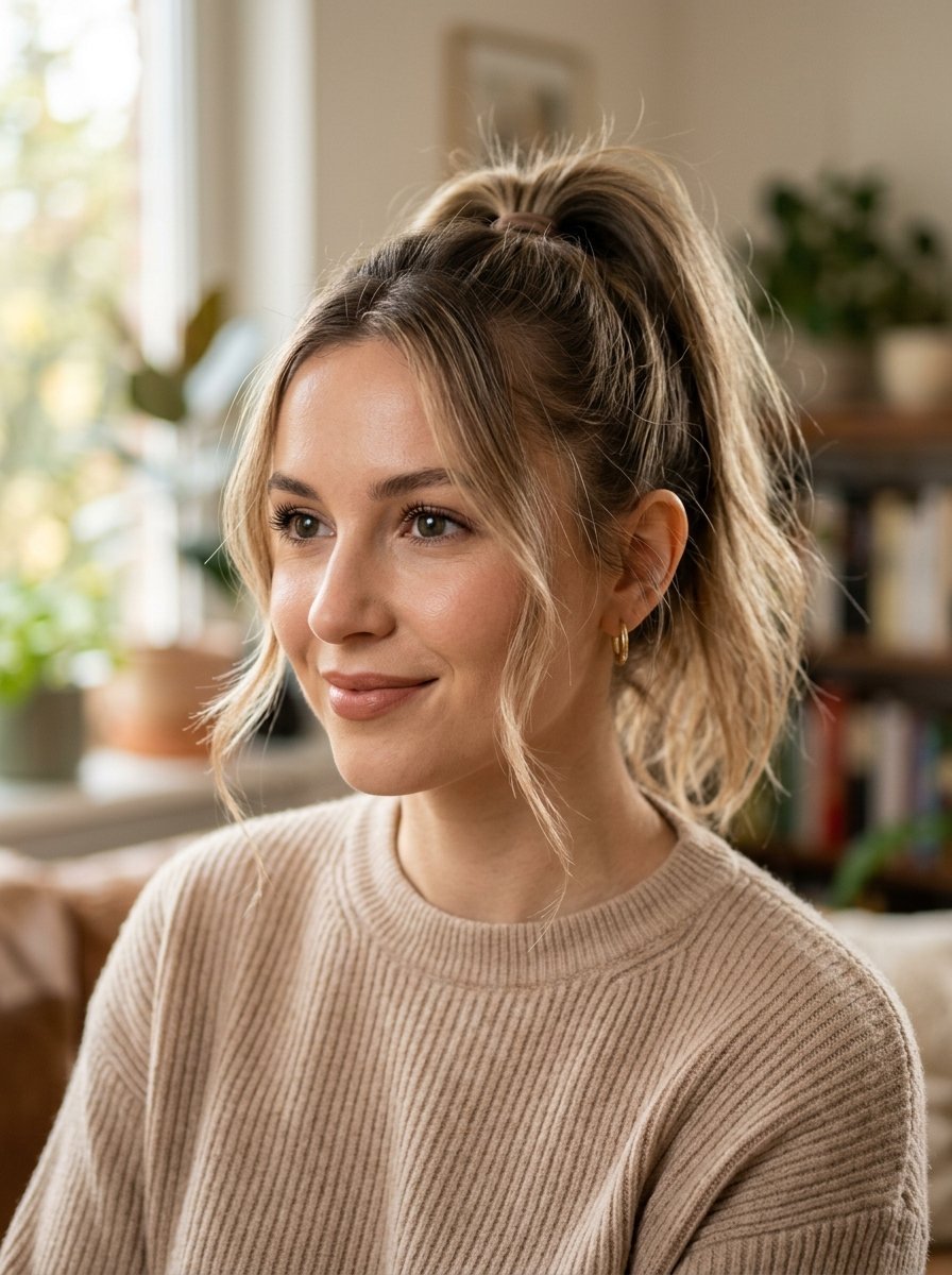 Close up portrait of a woman with blonde hair in a high ponytail wearing a neutral-toned knitted jumper.