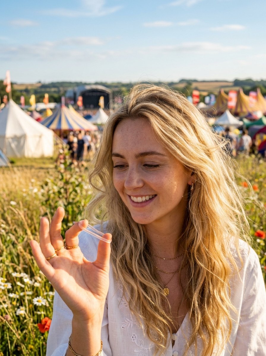A blonde woman in a white dress holds up a clear hormonal contraceptive ring at an outdoor festival.