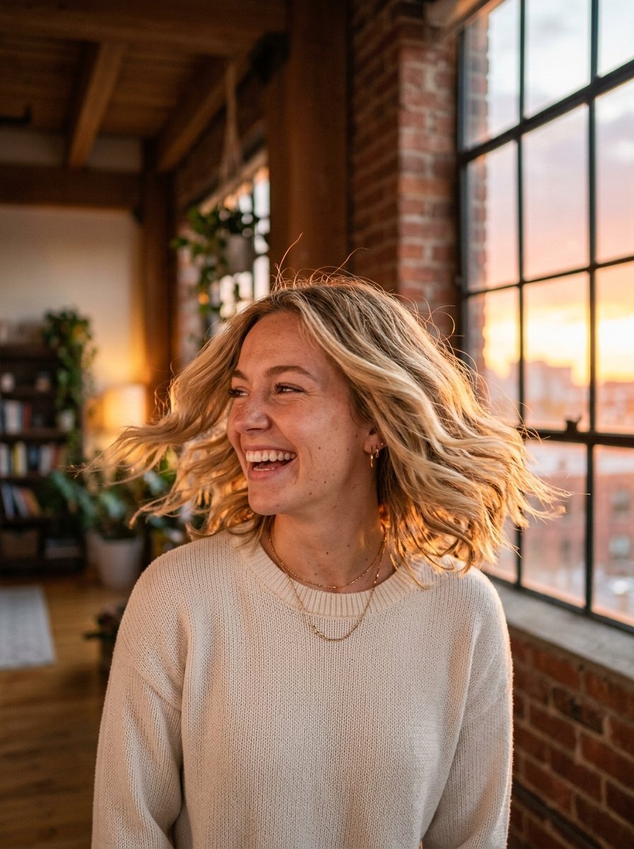Portrait of a laughing young woman wearing a cream sweater in a brick loft during sunset.