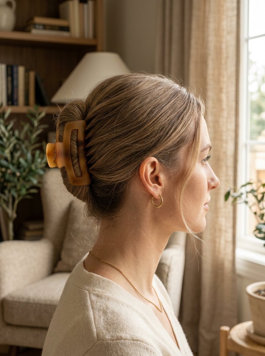 Side view of a blonde woman with her hair secured in a chic matte brown claw clip.