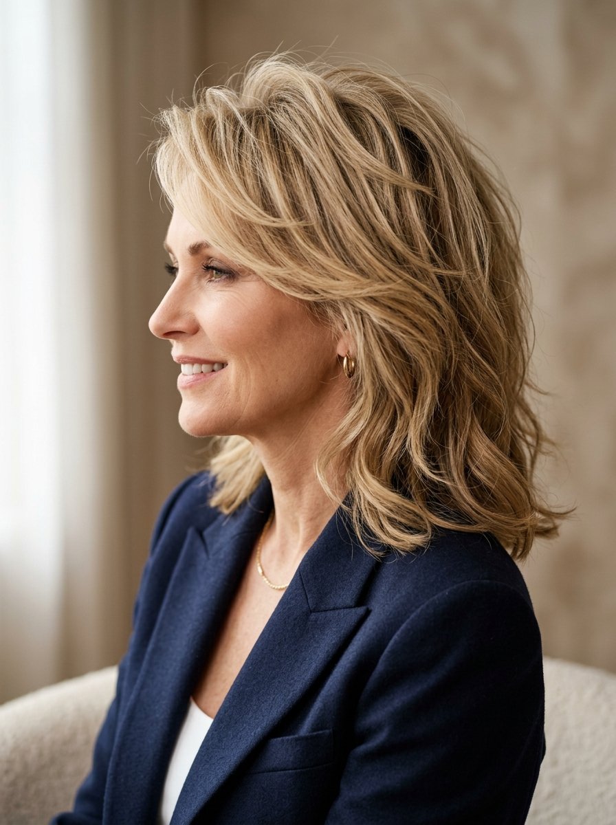 Side profile view of a smiling middle-aged woman with layered blonde hair in a professional dark blue jacket.