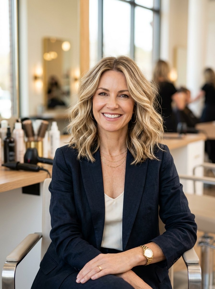 Portrait of a blonde woman in a navy blazer sitting in a hair salon chair.