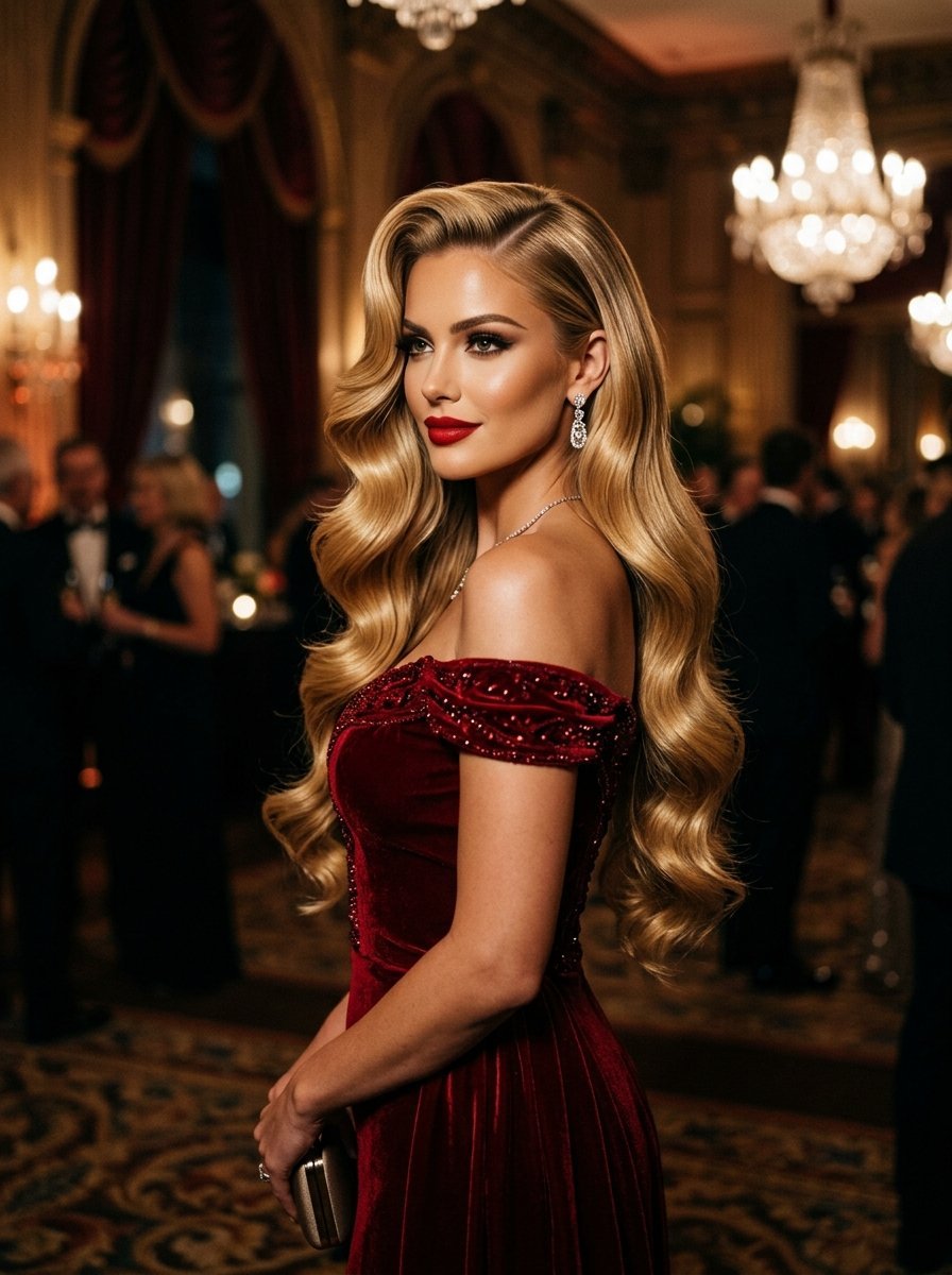 Glamorous woman with wavy blonde hair and red lipstick wearing a formal burgundy dress at a dimly lit formal event.