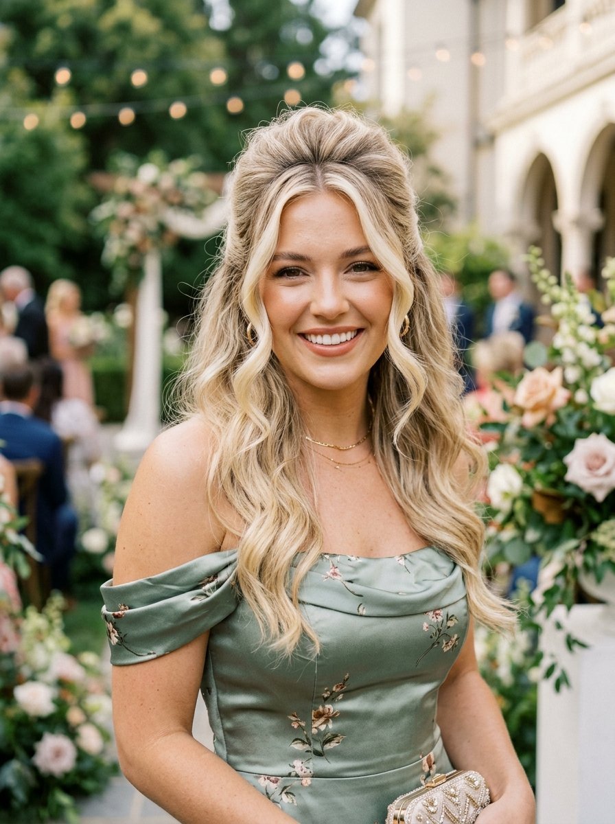 Portrait of a blonde woman wearing a sage green floral satin dress with a half-up hairstyle at a garden event.