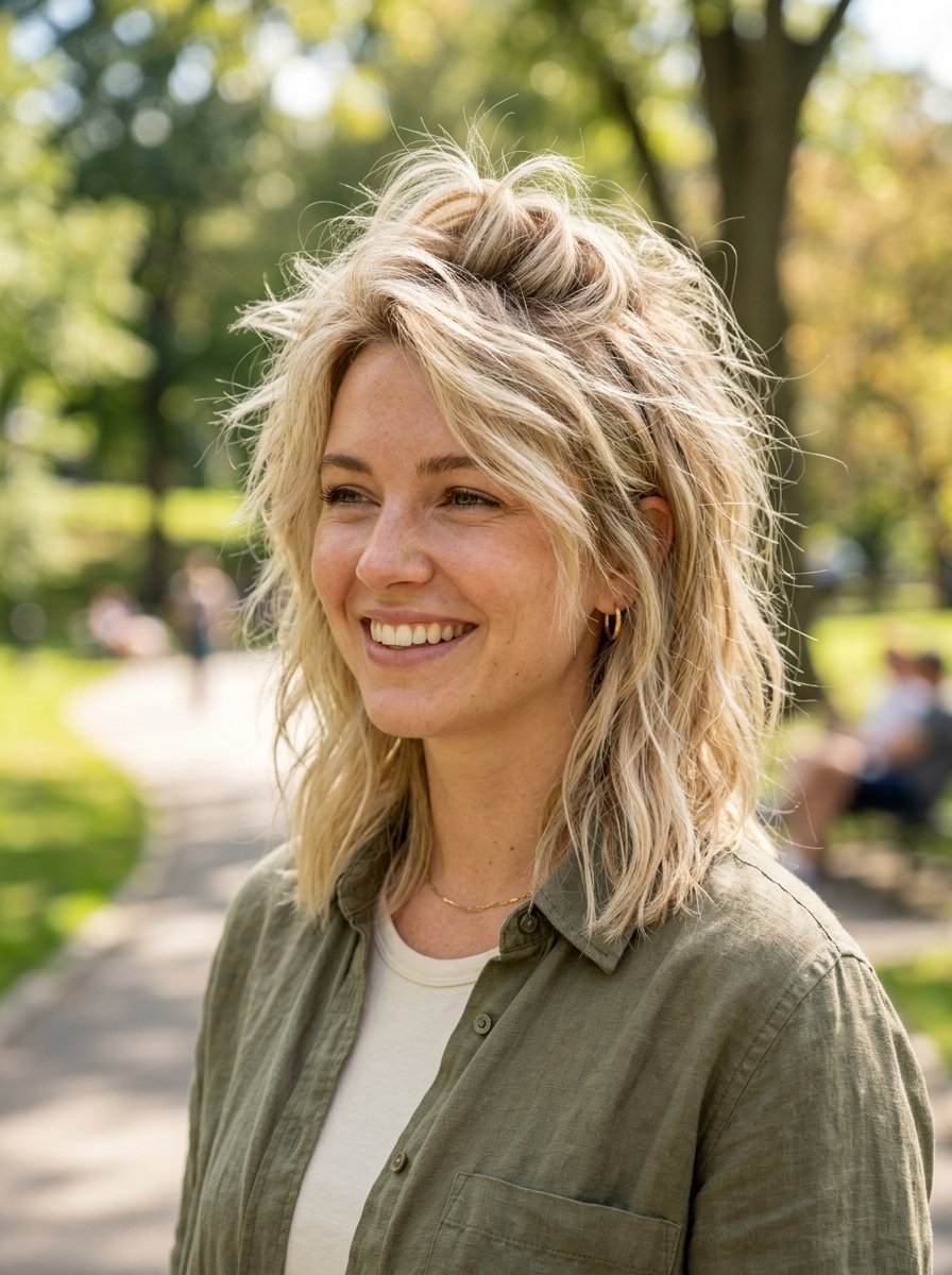 Portrait of a cheerful blonde woman with messy layered hair outdoors in a park