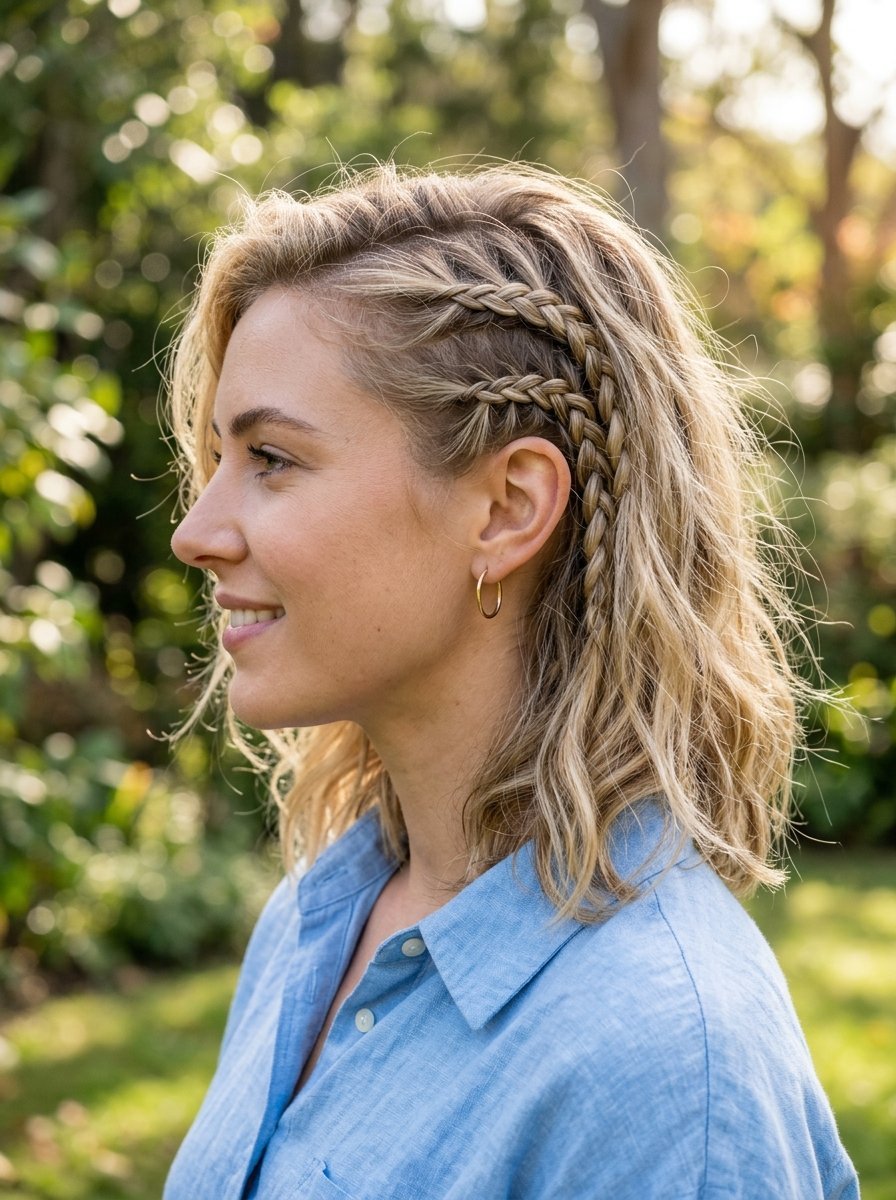 Close up of a blonde woman wearing dual side braids in her wavy shoulder length hair outdoors.