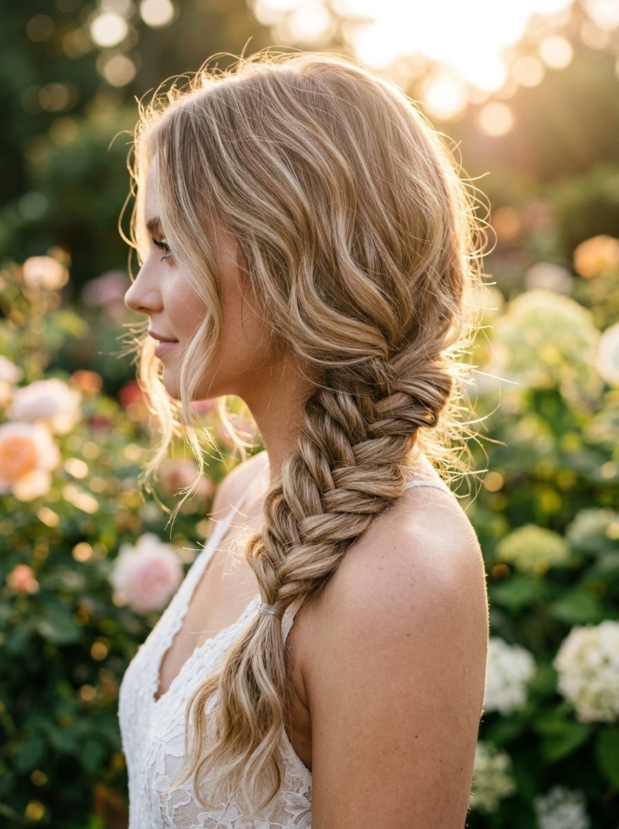 Blonde woman with a side fishtail braid standing in a rose garden at sunset.