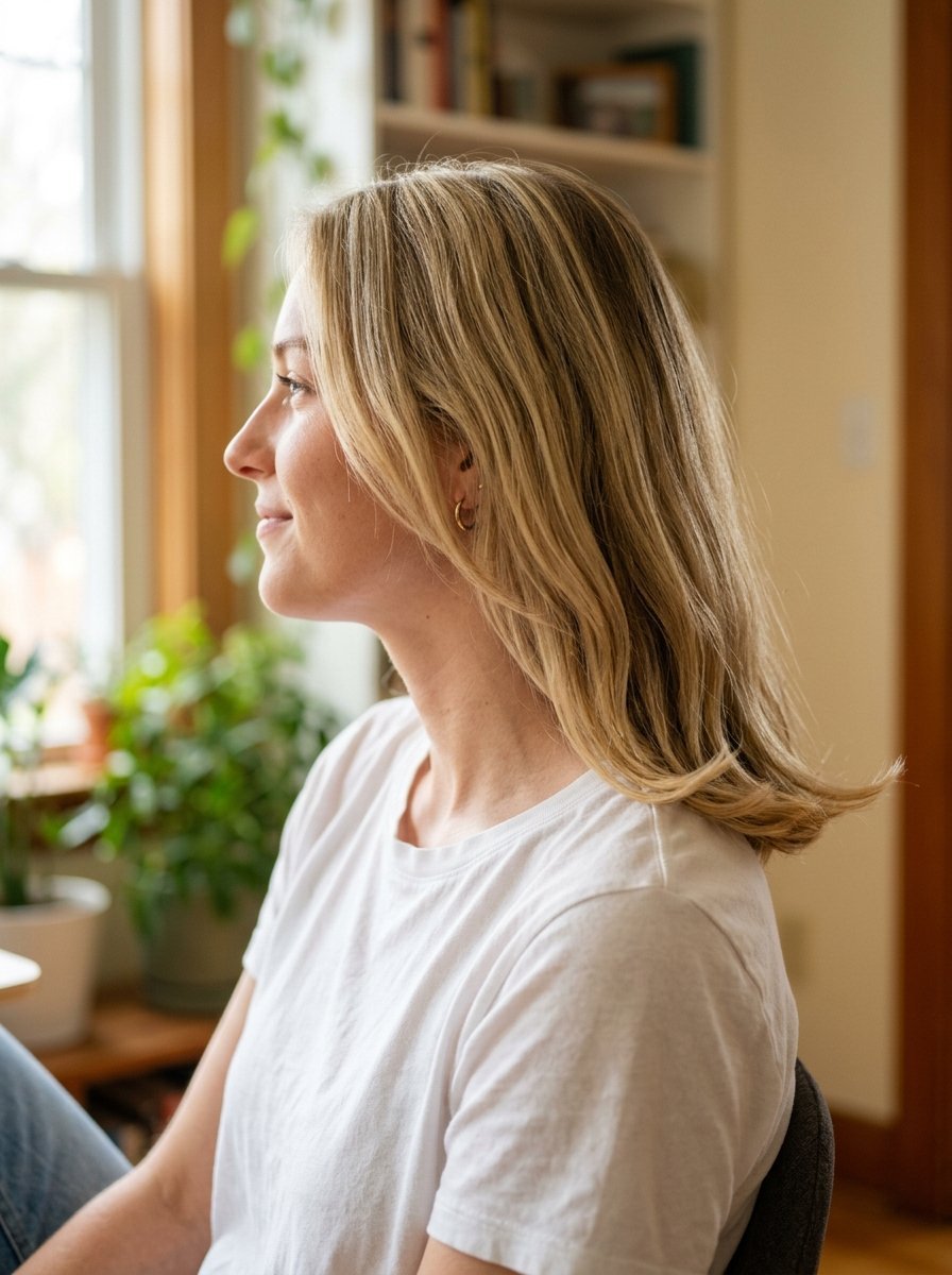 Side view of a blonde woman in a white t-shirt sitting near a window with indoor plants in the background.