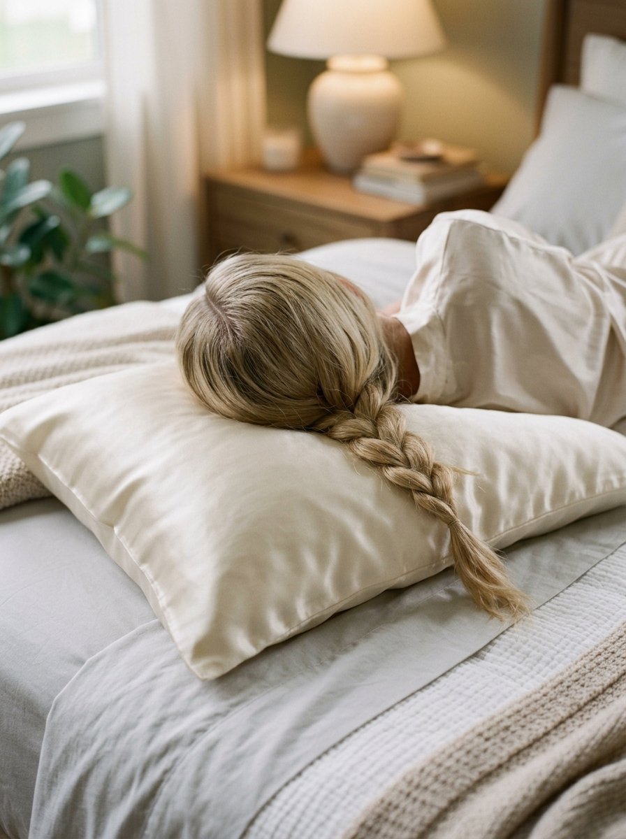 Close up of a blonde woman with a braided ponytail sleeping on a smooth cream colored silk pillowcase.