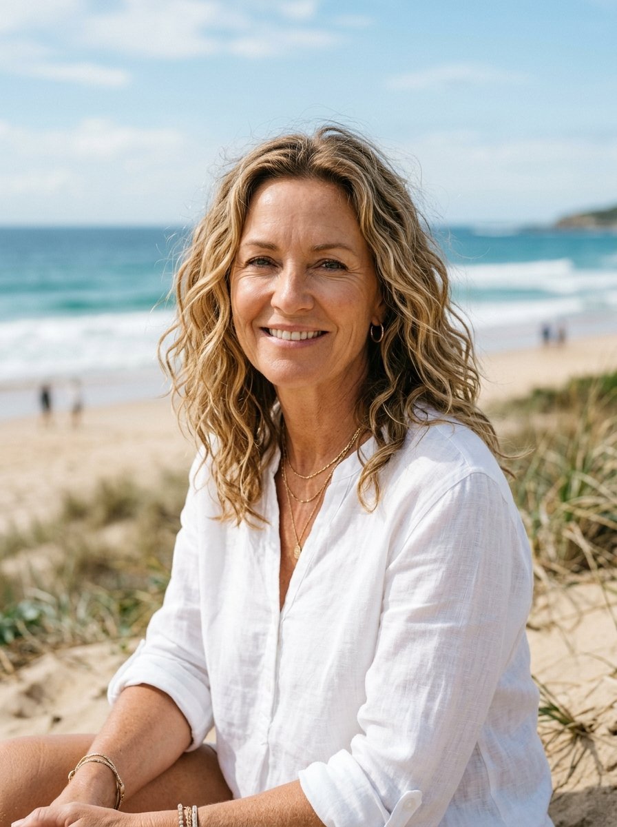 Portrait of a mature woman with wavy hair wearing a white linen shirt while sitting on a sandy beach.
