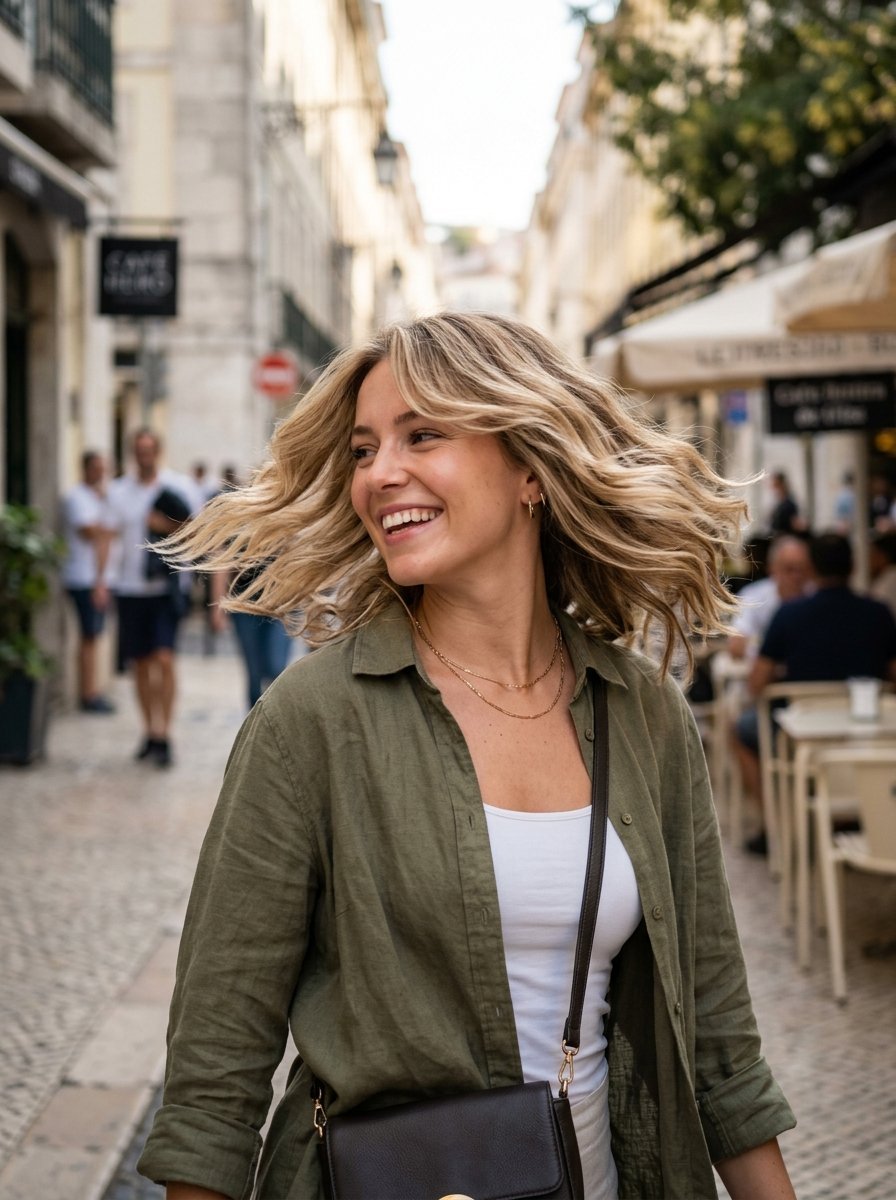 A woman with wavy blonde hair laughing while walking outdoors past outdoor café seating.