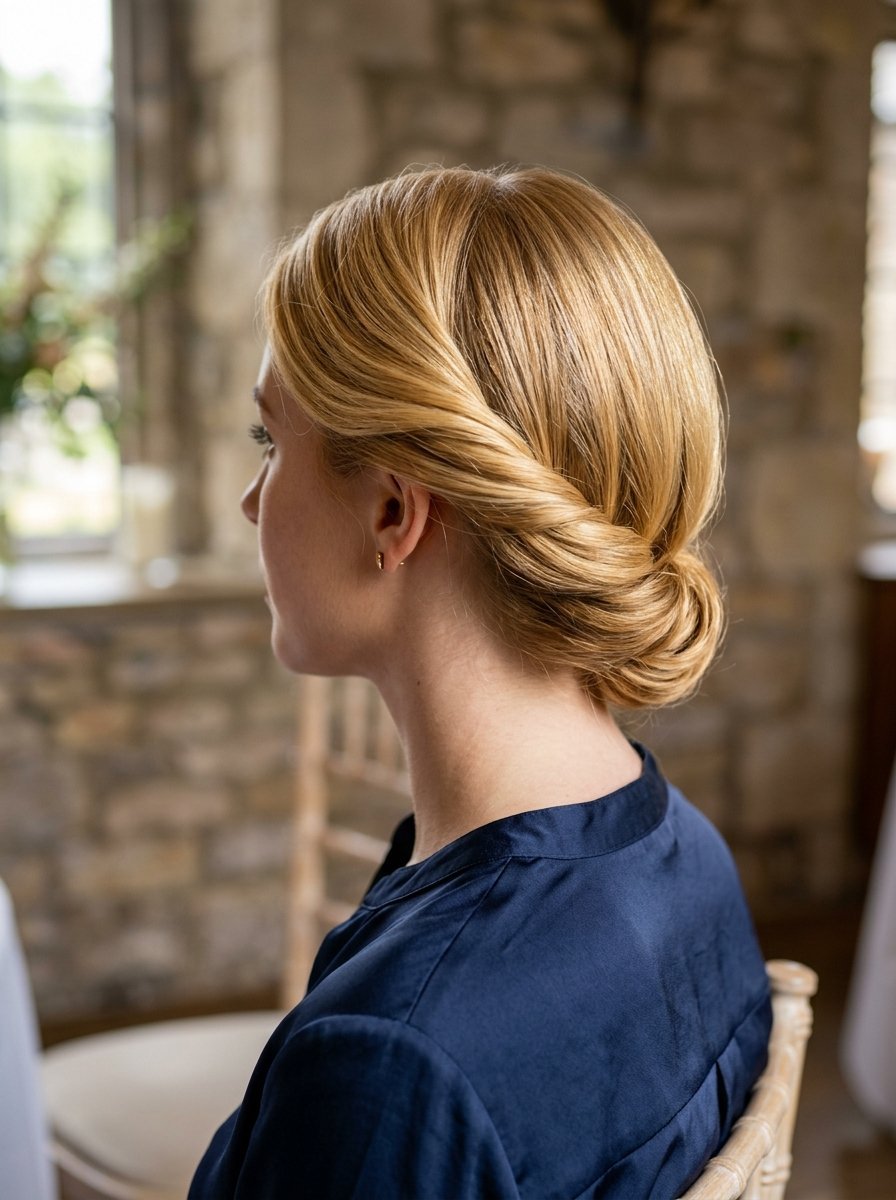 Close-up of a blonde woman wearing a sophisticated twisted hair updo in a rustic stone setting.