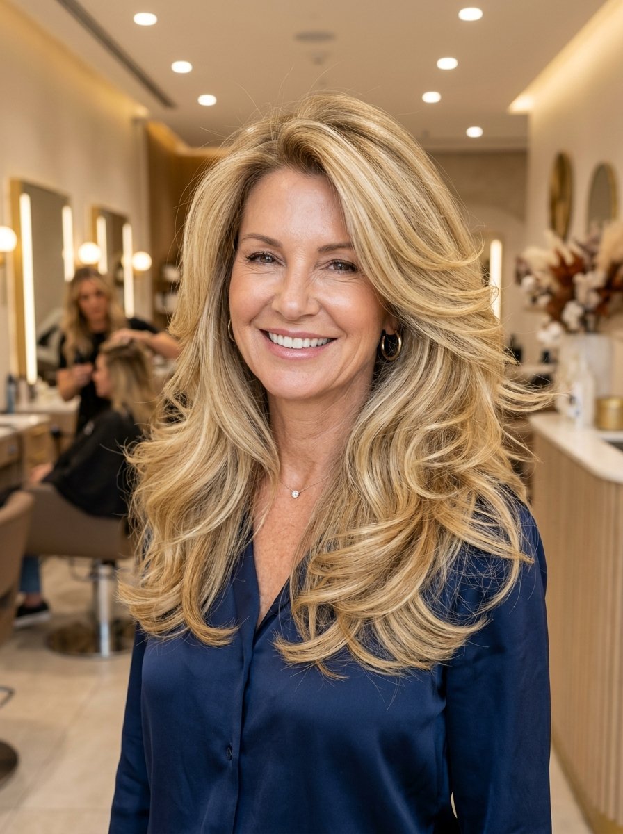A mature woman with thick, layered blonde hair posing in a professional beauty salon.
