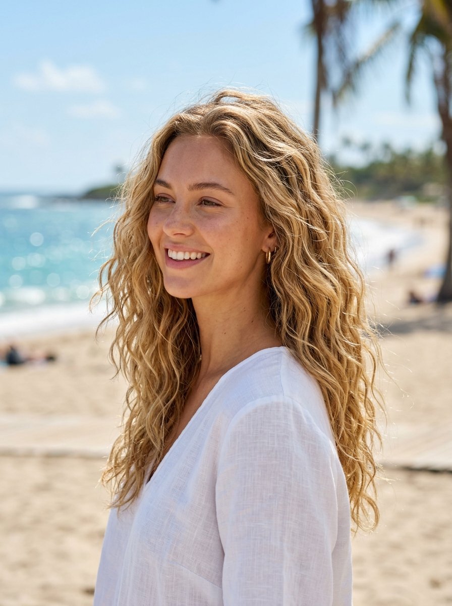 Portrait of a happy young woman with long blonde wavy hair standing on a tropical beach during the day.