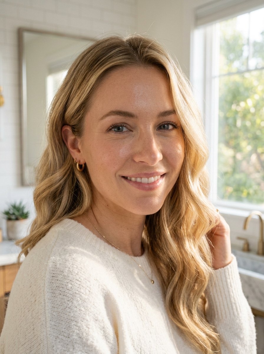 Portrait of a blonde woman wearing a textured cream-colored sweater and small gold hoop earrings.