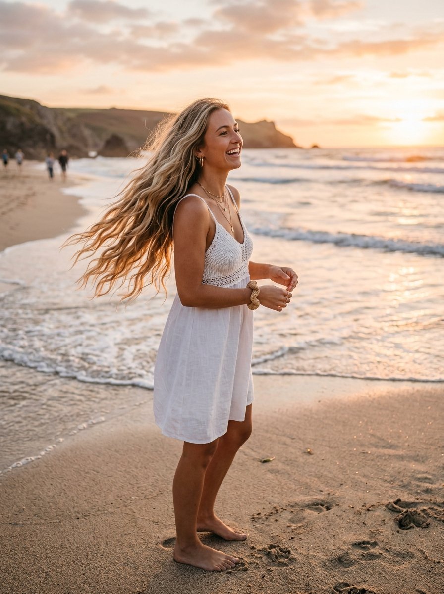 Blonde woman in a white crochet dress laughing while standing on a sandy shore at sunset.