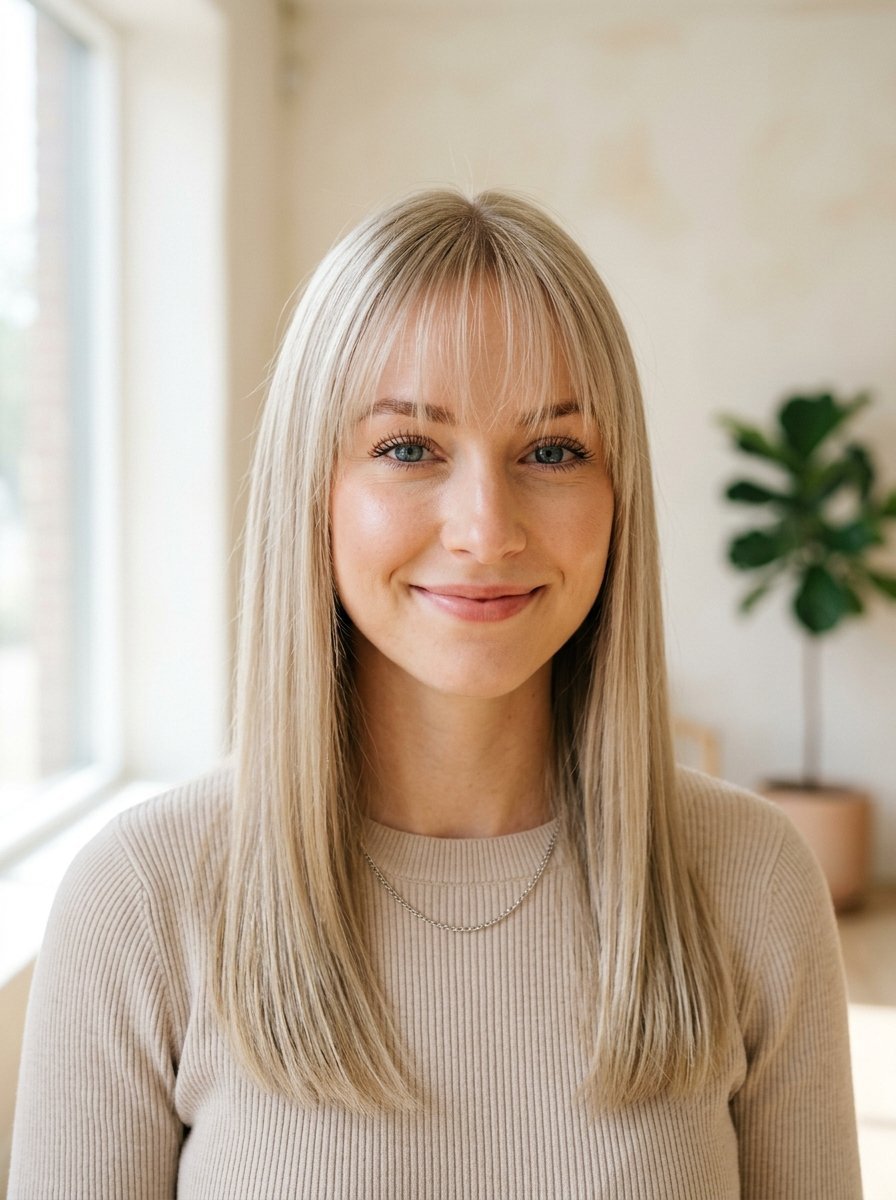 A friendly young blonde woman with soft bangs wearing a beige sweater, standing indoors near a window.