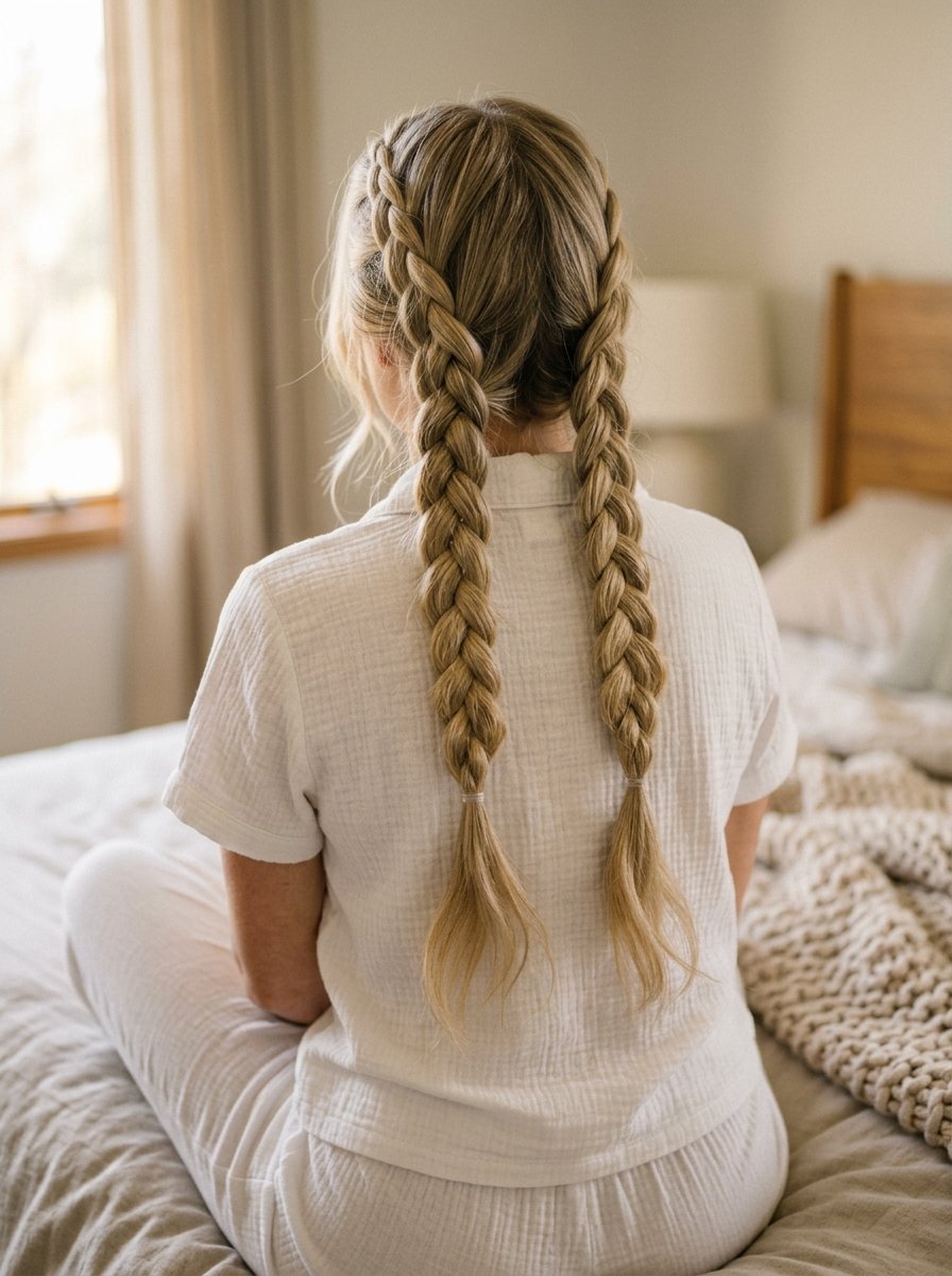 A woman with blonde hair seen from the back wearing two symmetrical dutch braids while sitting on a bed.