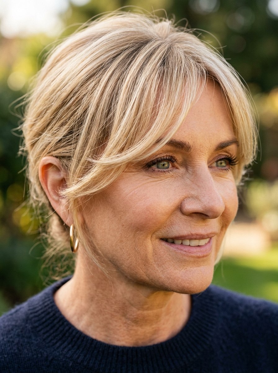 Portrait of a mature woman with blonde layered hair and hoop earrings, smiling against a soft blurred background.