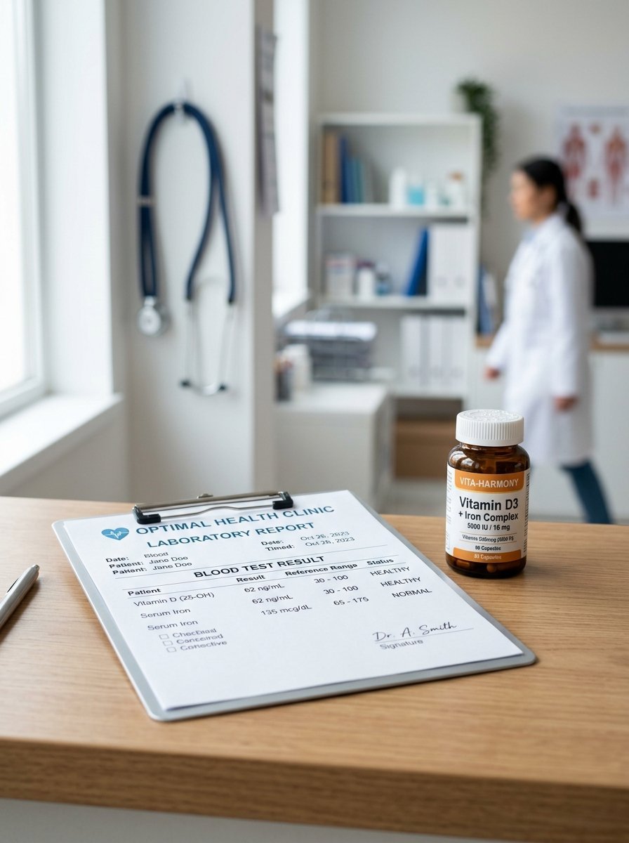 A clipboard with blood test results and a Vitamin D plus Iron supplement bottle sitting on a wooden doctor office desk.