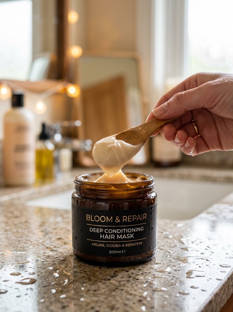 Close-up of a hand using a wooden spoon to scoop thick hair conditioning treatment from a dark glass container.