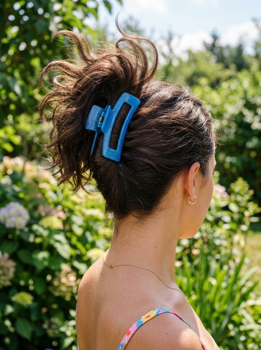 Close up of brunette hair held up in a messy bun by a shimmery blue plastic claw clip in a garden.