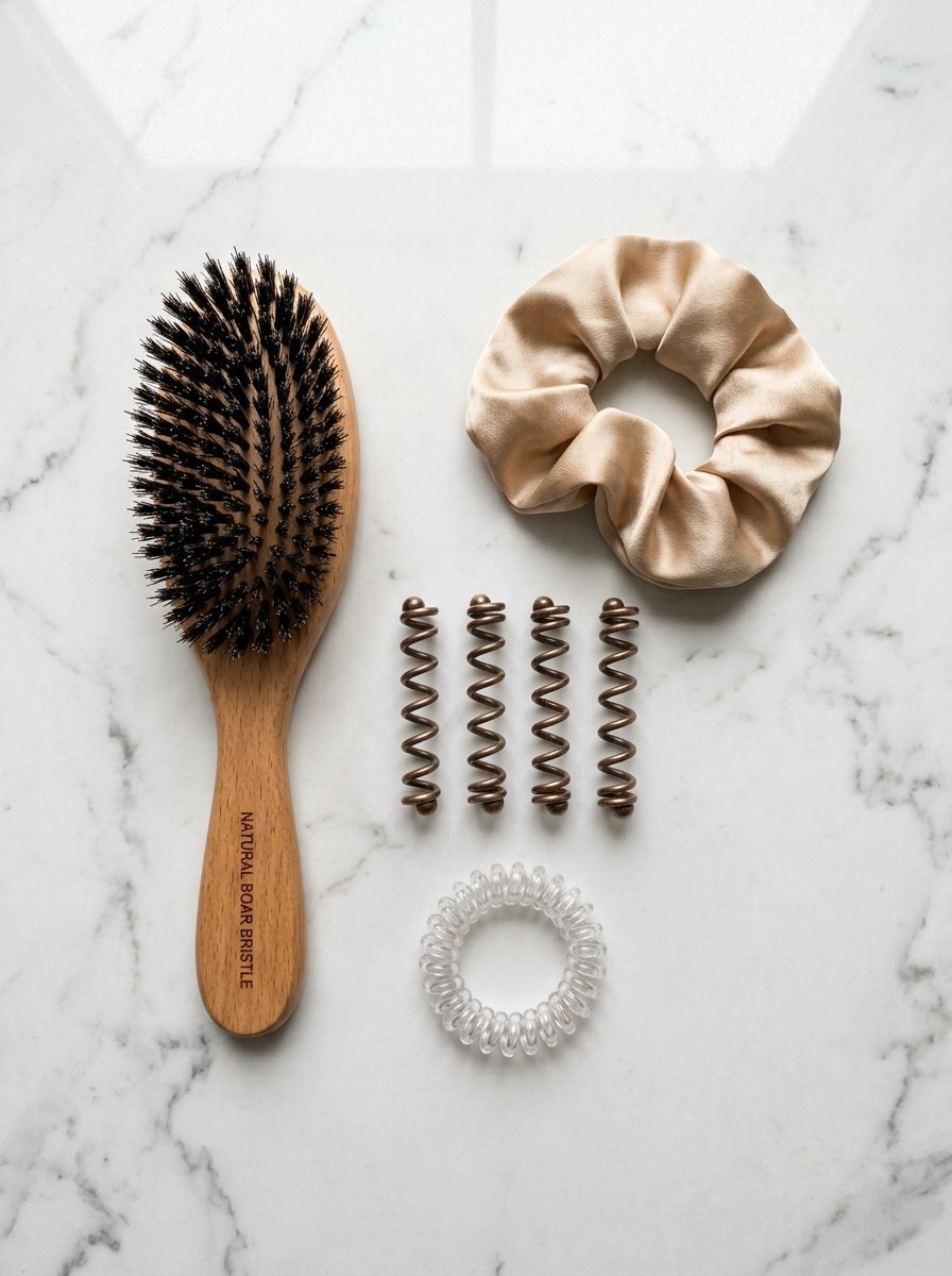 A flat lay of a wooden boar bristle brush, a champagne satin scrunchie, four bronze spirals, and a clear coil tie.