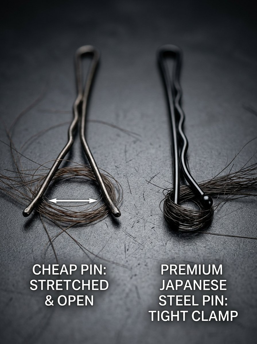 A stretched low-quality hair pin versus a tight, high-quality Japanese steel hair pin holding a section of hair.