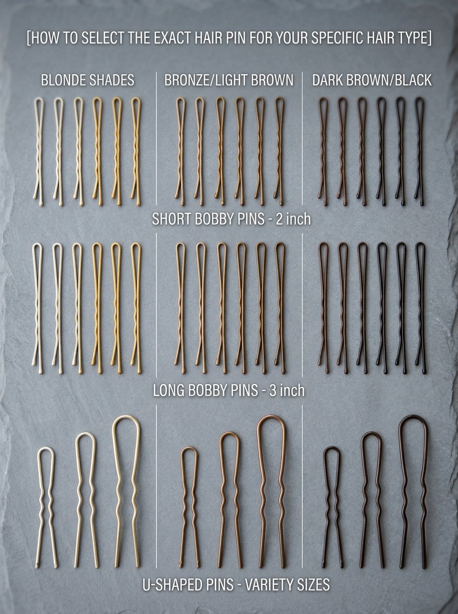Collection of hair pins arranged by shade and size, featuring bobby pins and U-shaped hair clips on a slate background.