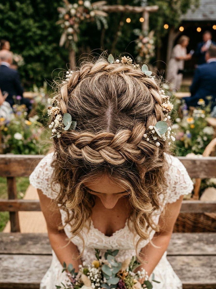 Close up of a woman with a floral braided crown hairstyle wearing a lace wedding dress outdoors.