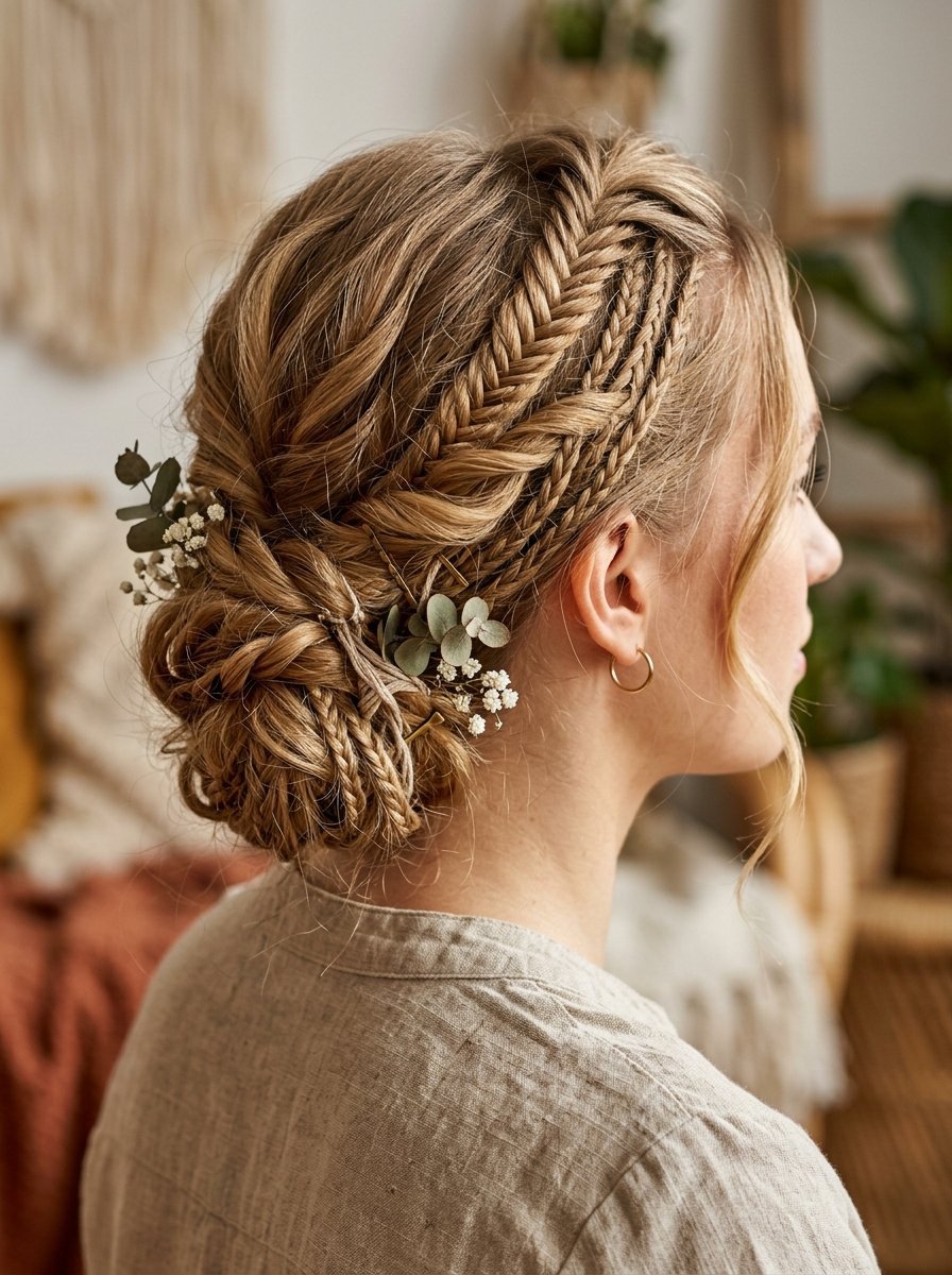 Blonde woman wearing a textured bohemian braided bun hairstyle with small green leaves and white flowers.