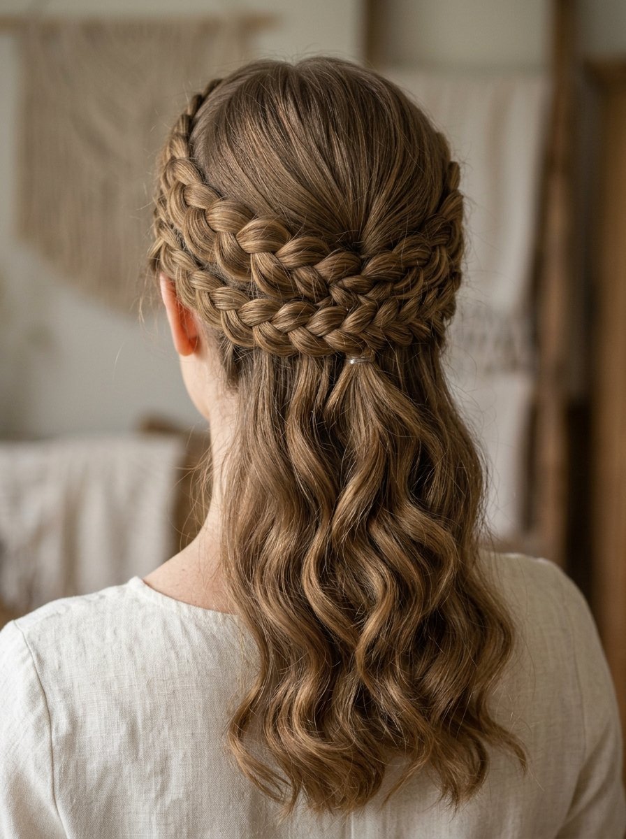 Back view of a woman with loose wavy hair and two thick braids pinned together at the crown.